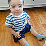Leo joined the competition — help win amazing prizes! toddler, child, baby, sitting, portrait, face, smiling, indoors, wooden_floor, striped_shirt, shorts, socks, dresser, furniture, home, hardwood, looking_at_camera, cute, daylight, photography