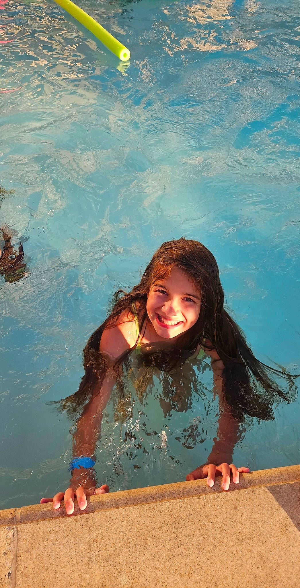 Bailey is registered to the contest to win money with this photo: arm, azure, bathing, black_hair, body_of_water, flash_photography, fun, happy, joy, leisure, long_hair, morning, nature, people_in_nature, person, recreation, smile, summer, sunlight, swimming_pool