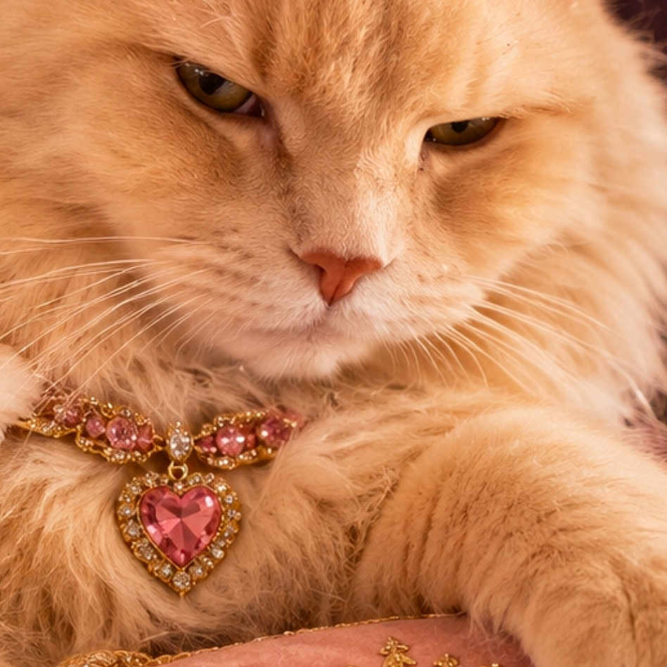 Snickers joined the competition — help win amazing prizes! cat, ginger_cat, long_hair, feline, portrait, close_up, royal, crown, jewelry, necklace, heart_pendant, cushion, plush, pink, luxurious, indoor, smartphone_screenshot, app_icons, serious_expression, whiskers