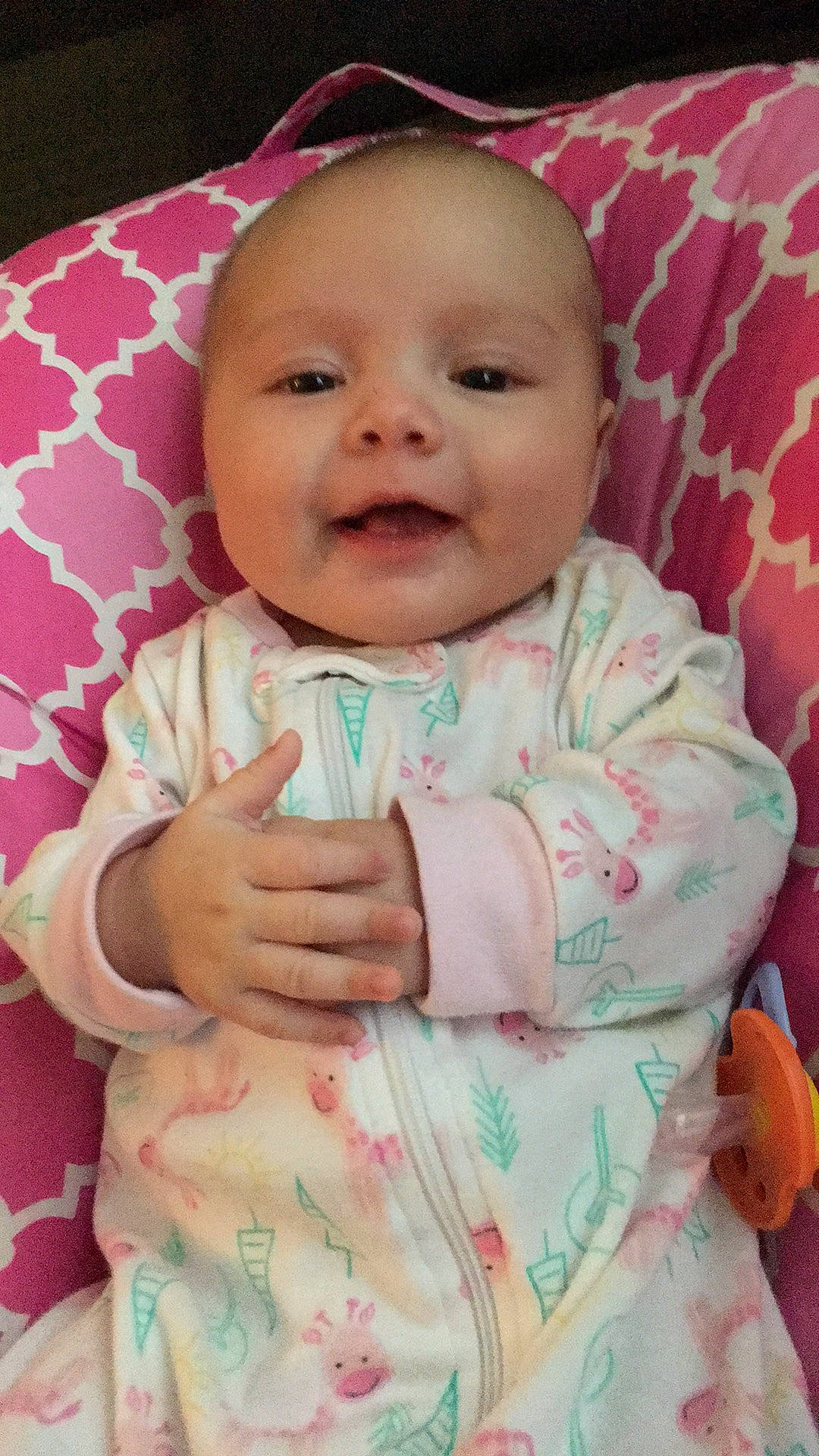 Emberlynn is registered to the contest to win money with this photo: baby, cheek, child, face, facial_expression, head, iris, lip, mouth, nose, person, pink, skin, smile, textile, toddler