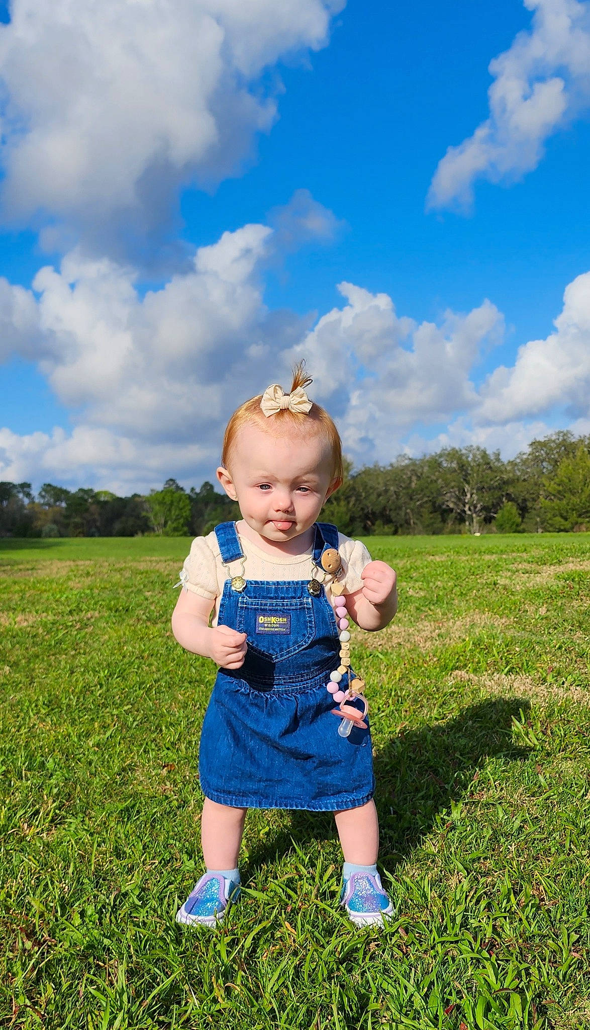 Novaleigh is registered to the contest to win money with this photo: baby_toddler_clothing, blue, cloud, cumulus, electric_blue, flash_photography, fun, gesture, grass, grassland, happy, leisure, meadow, people_in_nature, person, plant, prairie, sky, summer, toddler