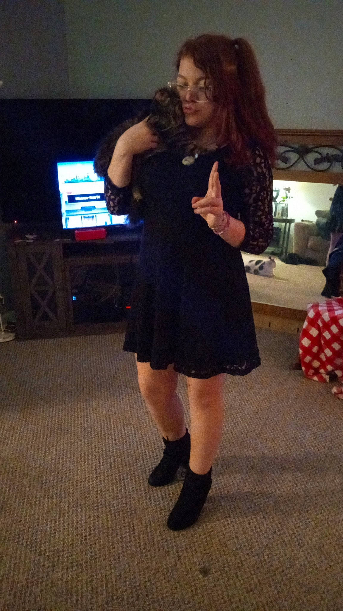 Miranda joined the competition — help win amazing prizes! day_dress, dress, electric_blue, entertainment, event, fashion_design, flooring, fun, hairstyle, human_leg, joint, knee, leg, long_hair, one_piece_garment, person, shoulder, television, thigh, trunk