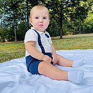 Elvis joined the competition — help win amazing prizes! toddler, child, baby, outdoor, park, grass, tree, blanket, white_blanket, clothing, socks, nature, greenery, sunlight, portrait, cute, sitting, summer, young_child, casual