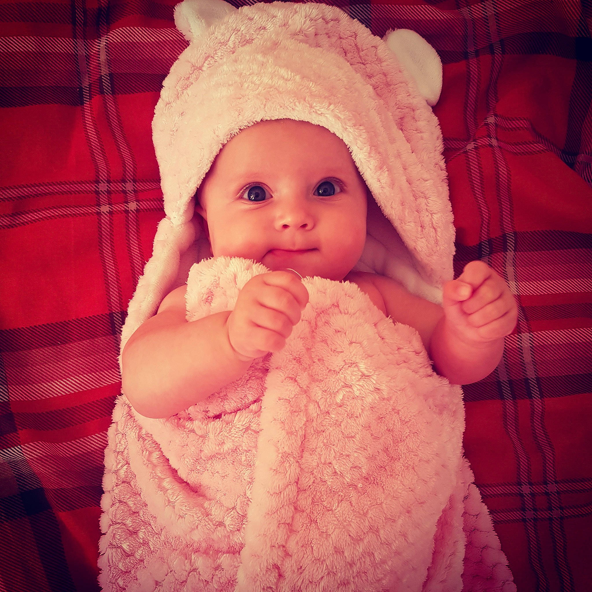 Annie joined the competition — help win amazing prizes! baby, bonnet, cheek, child, crochet, eye, face, hand, head, headgear, knit_cap, knitting, lip, outerwear, person, pink, product, skin, textile, toddler