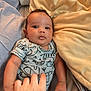 Jensen is registered to the contest to win money with this photo: baby, infant, hand, blanket, bed, clothing, person, cute, face, lying_down, soft, comfort, indoor, skin, expression, young_child, sleepwear, toddler, touch, cozy