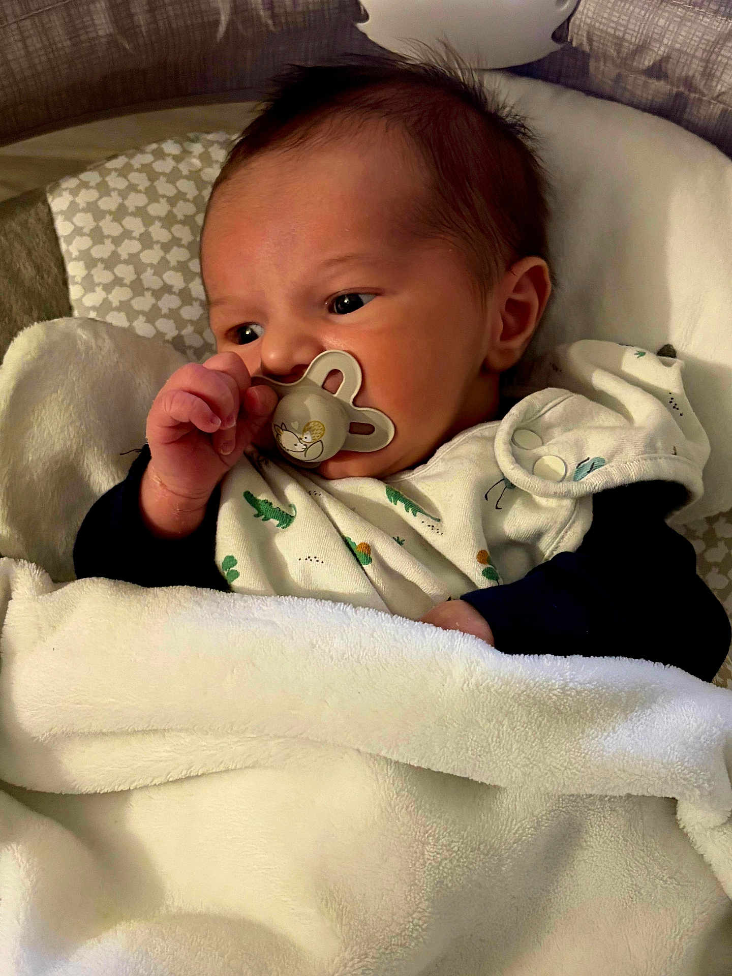 Ilenzo a rejoint le concours — aidez-le/la à gagner de superbes lots ! newborn, baby, pacifier, blanket, infant, cute, sleeping_bag, soft, clothing, face, hand, indoors, child, portrait, resting, cozy, pattern, head, babywear, comfort