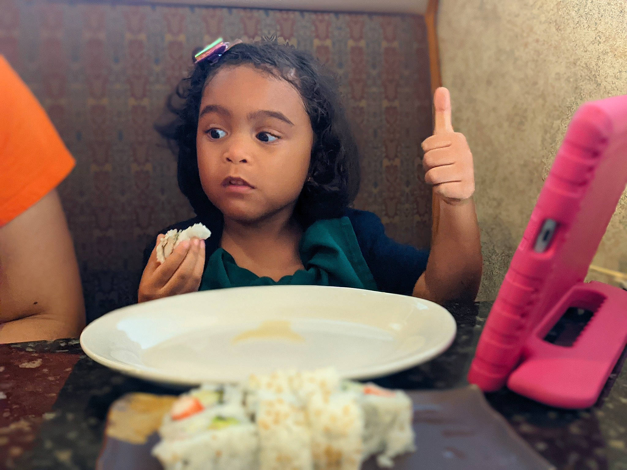 Keira joined the competition — help win amazing prizes! beauty, chair, child, comfort_food, cuisine, dish, drinkware, finger, food, gesture, happy, human, person, plate, recipe, room, sharing, snapshot, table, tableware