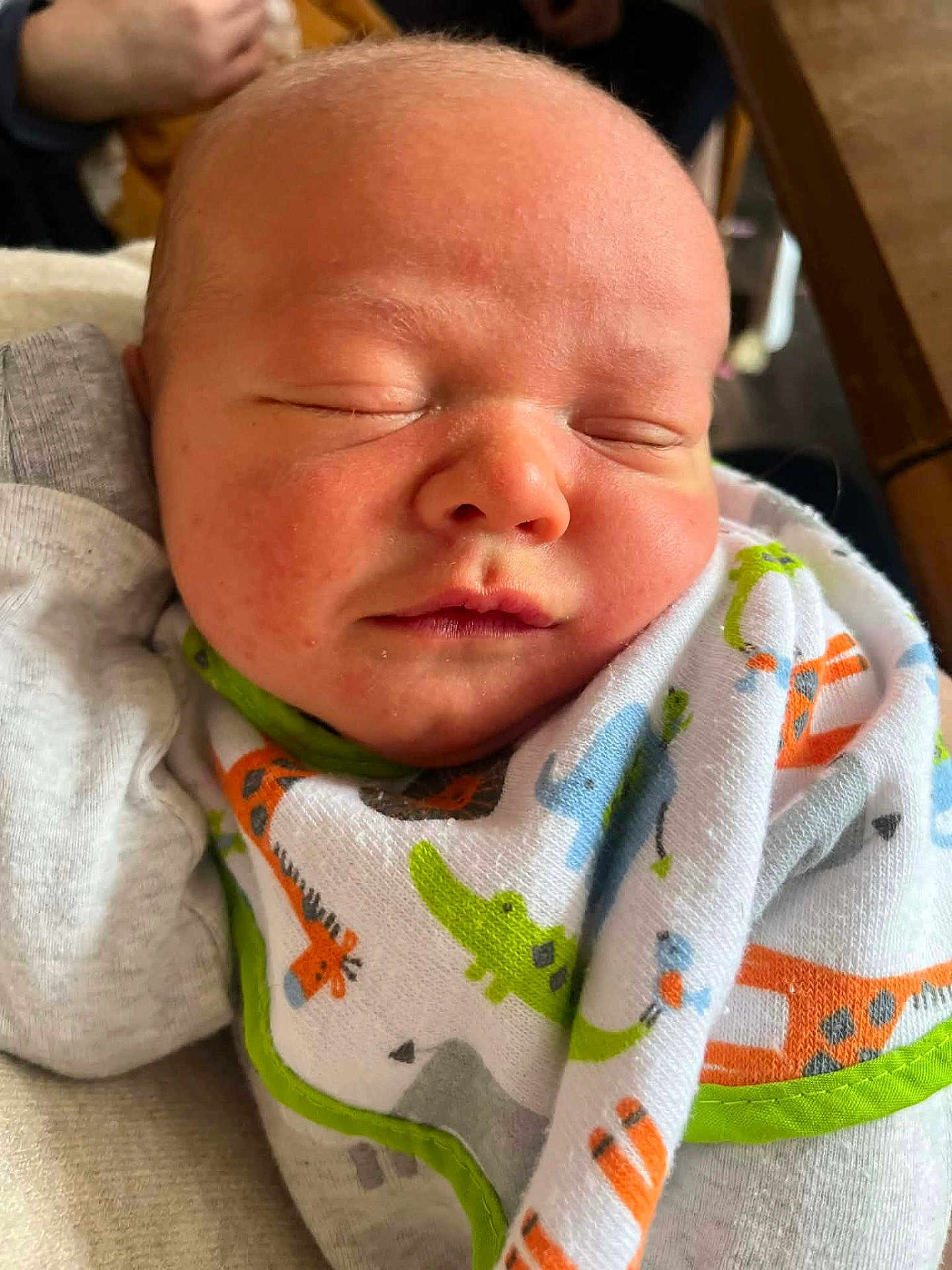 Emmett joined the competition — help win amazing prizes! baby, newborn, sleeping, blanket, infant, face, closeup, peaceful, soft_light, cute, child, wrapped, animal_print, skin, portrait, indoor, resting, small, cozy, toddler