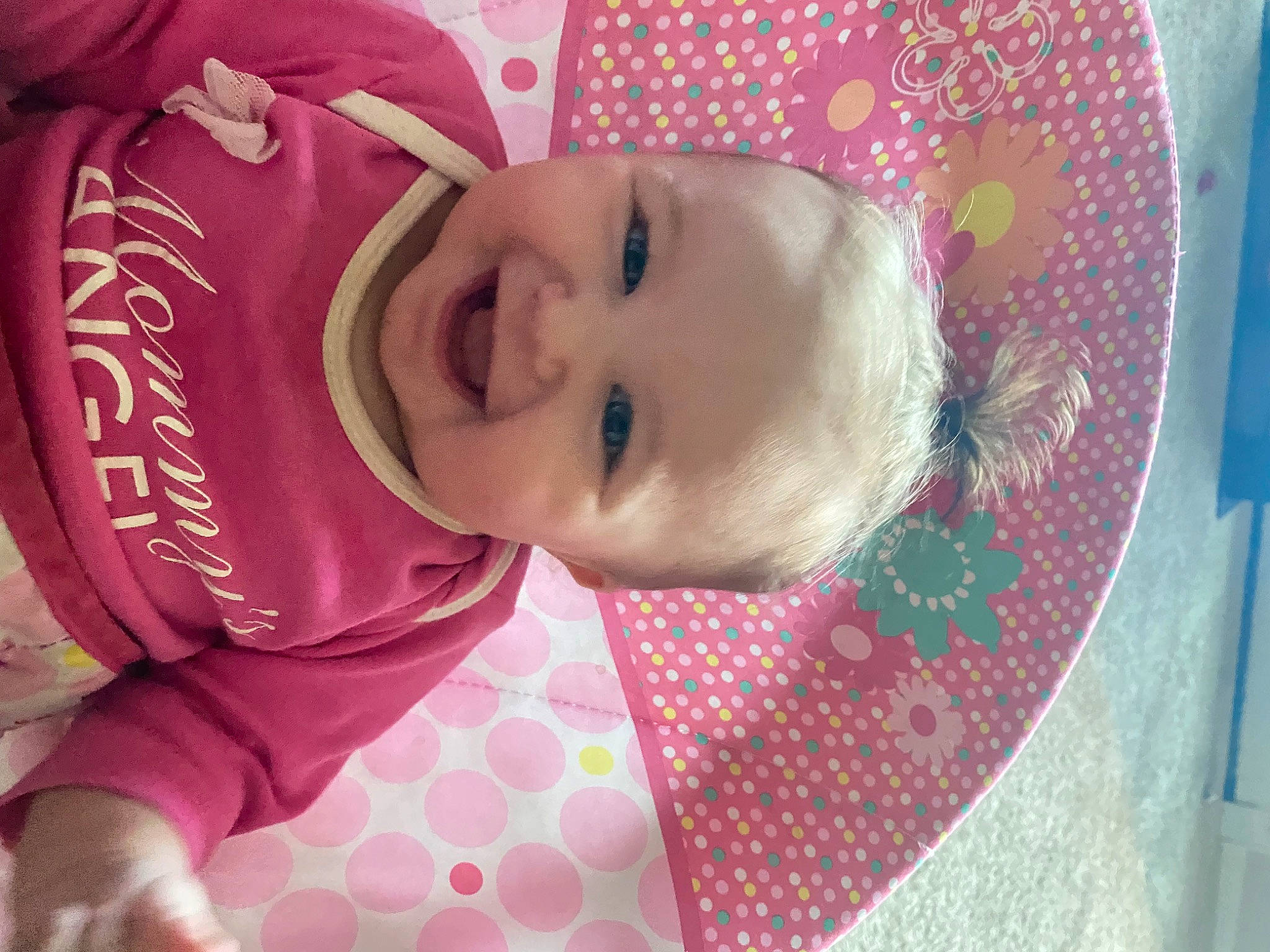 Addisyn is registered to the contest to win money with this photo: baby, baby_products, baby_toddler_clothing, cheek, child, eye, fun, happy, headgear, iris, lip, magenta, nose, pattern, person, pink, skin, sleeve, smile, textile