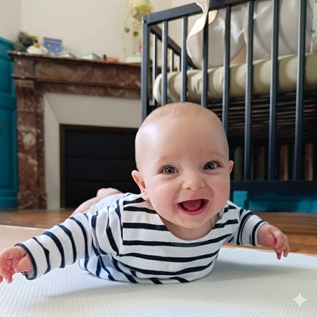 Ernest participe au concours pour gagner de l'argent avec cette photo : baby, smiling, striped_shirt, lying_down, white_mat, crib, fireplace, wooden_floor, indoor, happy, child, infant, person, cute, home, playtime, expression, face, eyes, mouth