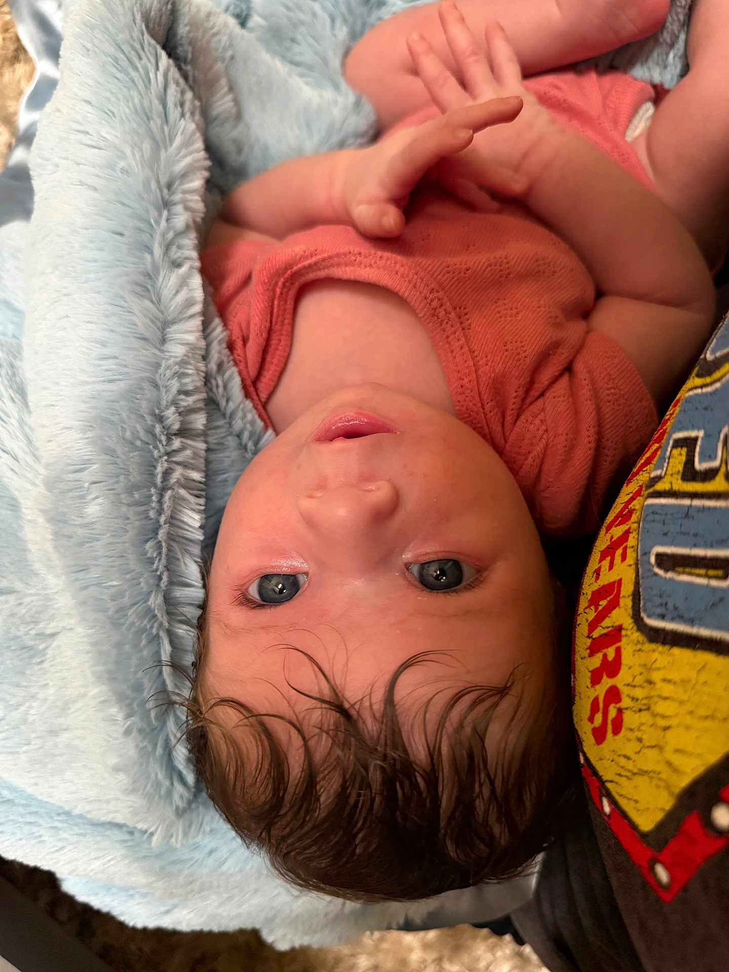 Aria joined the competition — help win amazing prizes! baby, infant, blue_eyes, soft_blanket, coral_outfit, curly_hair, hands, lying_down, close_up, cute, skin, person, child, newborn, indoors, portrait, soft_texture, warm_light, curious, face