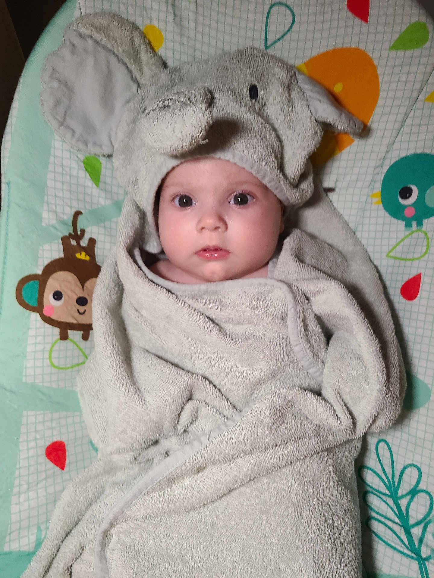 Xena joined the competition — help win amazing prizes! baby, towel, elephant_costume, wrapped, face, eyes, infant, child, cute, play_mat, monkey_print, bird_print, fabric, soft, indoors, portrait, smile, headwear, blanket, resting