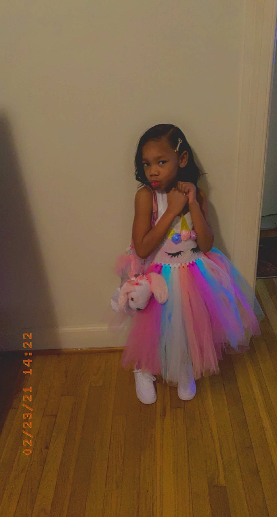 Ellasia is registered to the contest to win money with this photo: baby_toddler_clothing, blond, day_dress, dress, fashion_design, flash_photography, floor, flooring, happy, hardwood, human_leg, iris, leg, long_hair, magenta, one_piece_garment, person, shoulder, skin, toddler