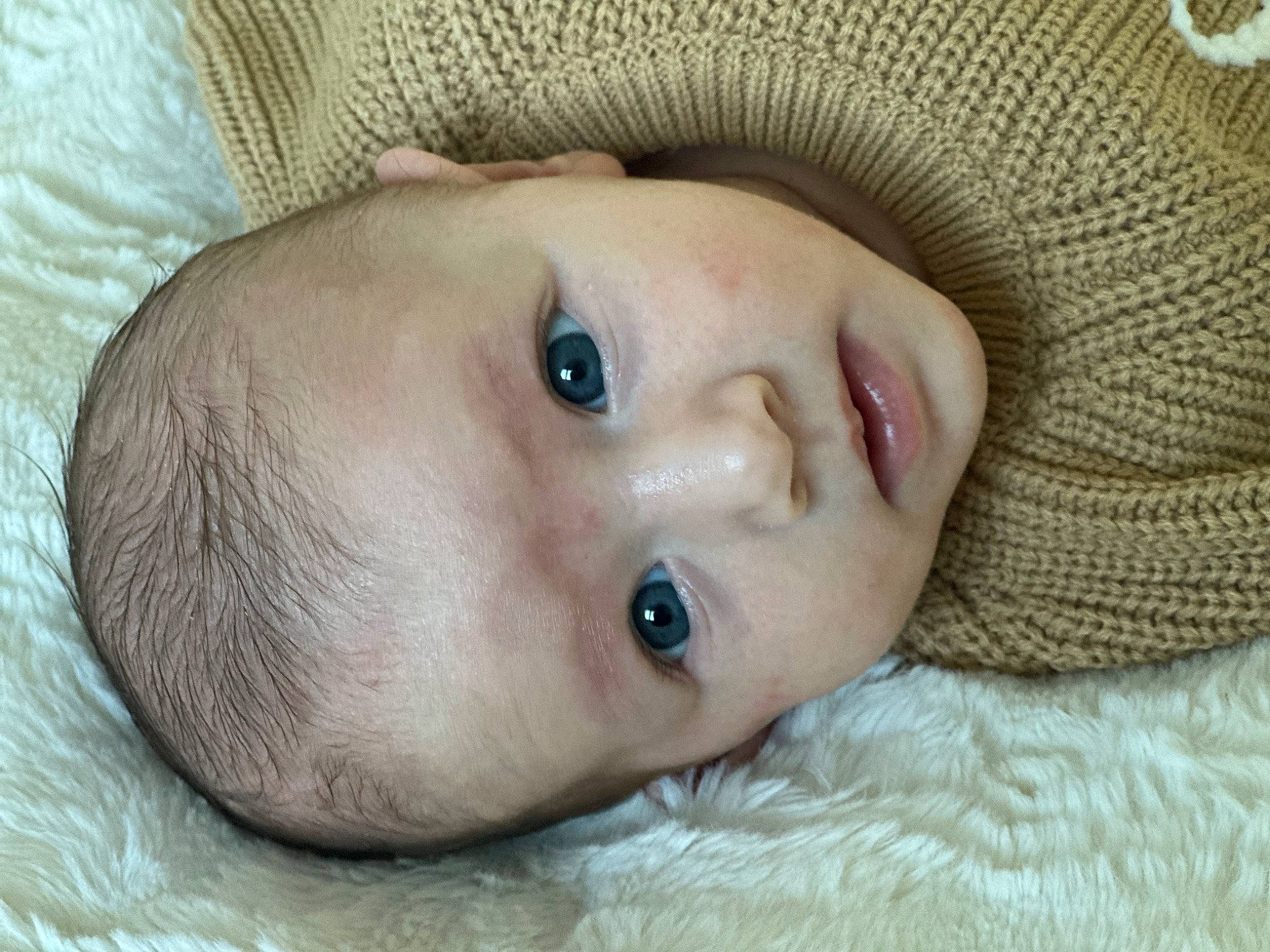 Dalya participe au concours pour gagner de l'argent avec cette photo : baby, cheek, child, chin, close_up, ear, eye, eyebrow, eyelash, face, head, headgear, human_body, iris, linens, lip, mouth, nose, person, skin