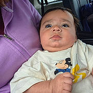 Levi joined the competition — help win amazing prizes! adult, baby, backseat, car, child, close_up, clothing, daylight, face, hands, indoors, infant, mickey_mouse, photography, portrait, purple_clothing, seated, vehicle, white_outfit, wide_eyed