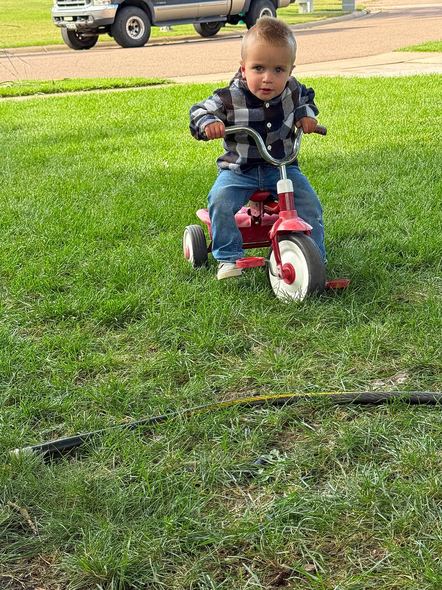 Jaxon is registered to the contest to win money with this photo: toddler, child, tricycle, grass, outdoor, plaid_shirt, jeans, toy, vehicle, pickup_truck, street, sidewalk, greenery, person, play, summer, yard, casual_clothing, parked_car, daytime