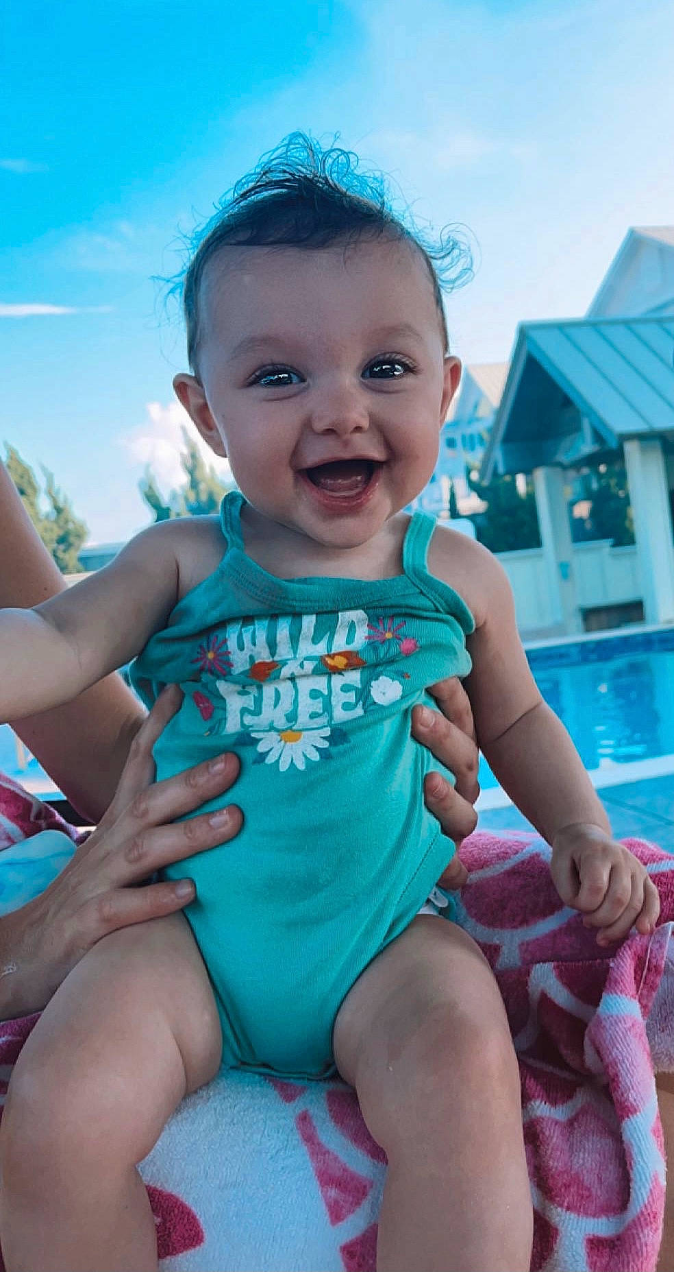 Brynley is registered to the contest to win money with this photo: aqua, azure, baby_toddler_clothing, blue, cloud, eye, face, facial_expression, hairstyle, happy, head, iris, joy, leisure, person, pink, shoulder, skin, sky, smile