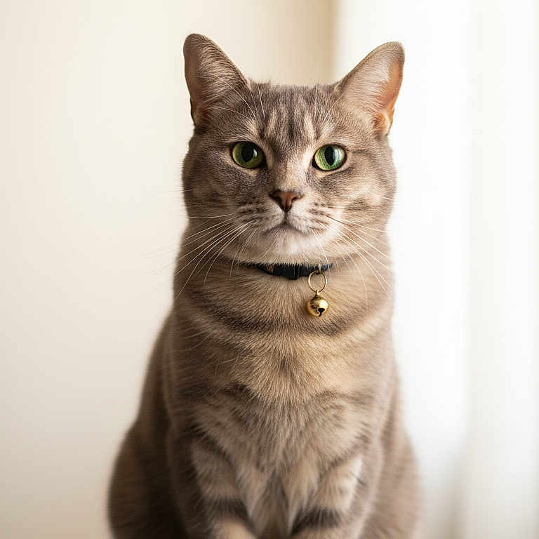Winnie participe au concours pour gagner de l'argent avec cette photo : animal, bell, calm, cat, close_up, collar, domestic_cat, feline, focused, fur, gray_brown_fur, green_eyes, indoor, pet, portrait, sitting, soft_light, tabby, whiskers, window_light