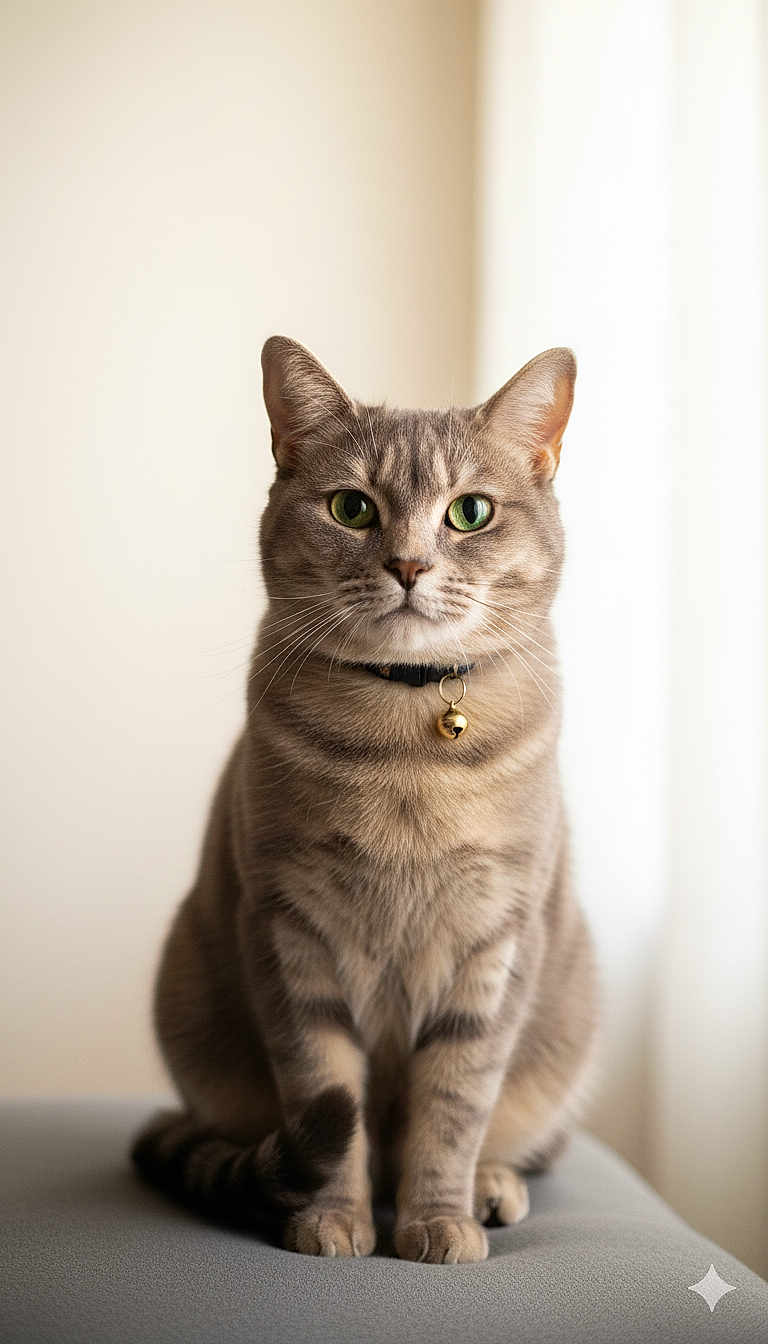 Winnie participe au concours pour gagner de l'argent avec cette photo : cat, tabby, green_eyes, collar, bell, indoor, portrait, sitting, fur, whiskers, soft_light, window_light, calm, pet, animal, feline, close_up, gray_brown_fur, domestic_cat, focused