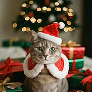 Winnie a rejoint le concours — aidez-le/la à gagner de superbes lots ! animal, blurred_background, cape, cat, celebration, christmas, cute, decorations, festive, gift, green, holiday, indoor, pet, presents, red, santa_hat, seasonal, tree, winter