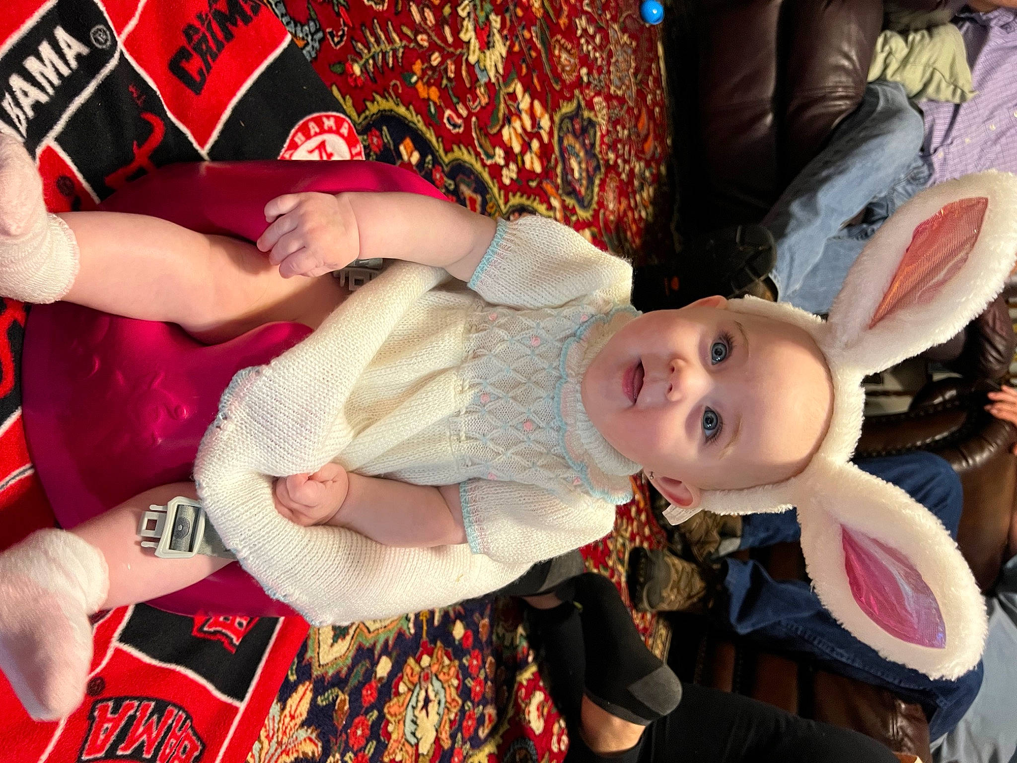 Stevie joined the competition — help win amazing prizes! baby, baby_products, baby_toddler_clothing, child, costume, event, fun, happy, hat, human_leg, lap, pattern, person, smile, snapshot, sun_hat, t_shirt, thigh, toddler