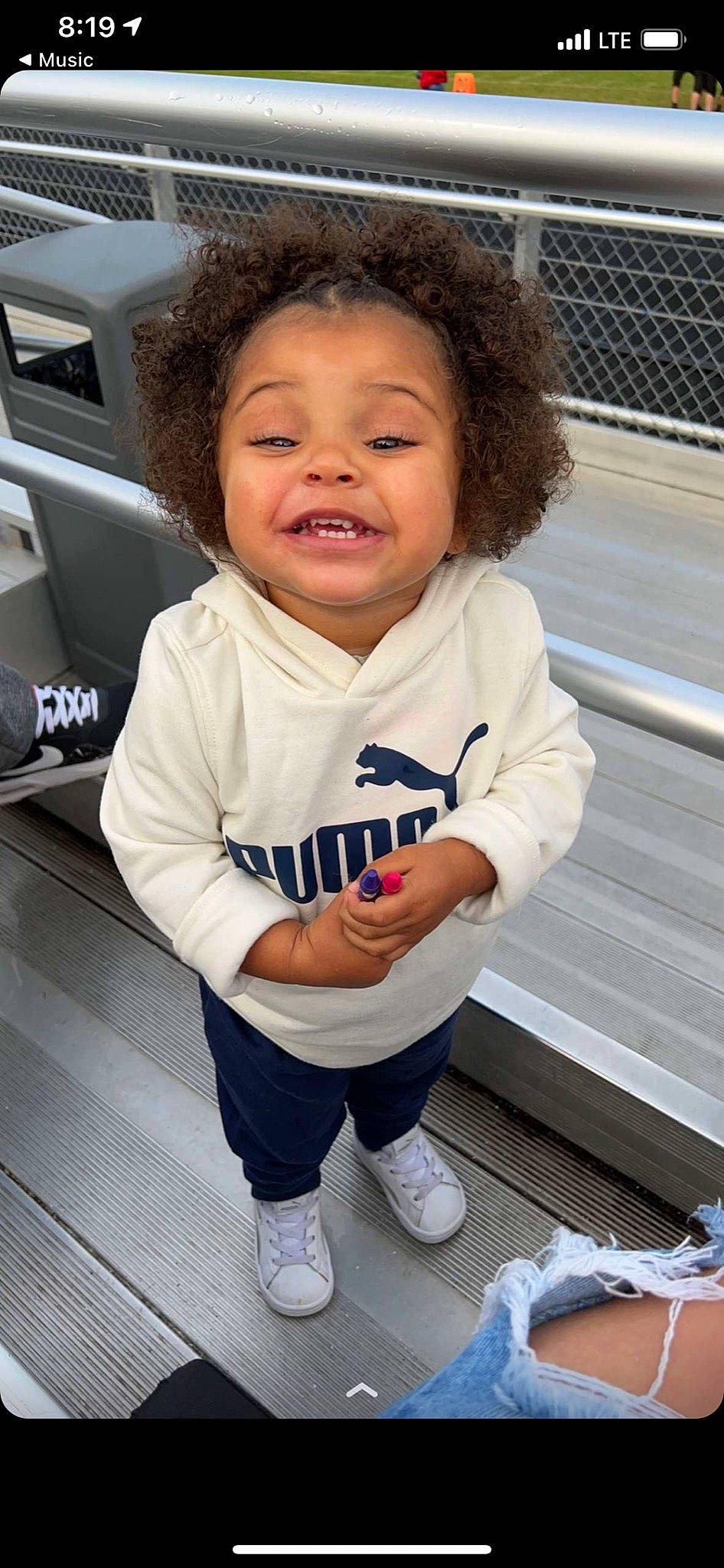 Keira is registered to the contest to win money with this photo: baby, baby_toddler_clothing, cool, electric_blue, face, hair, hairstyle, happy, nose, person, shoe, skin, sleeve, smile, sock, street_fashion, t_shirt, thumb, toddler, walking_shoe