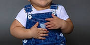 Bryan joined the competition — help win amazing prizes! baby, background, barefoot, child, clothing, cute, denim_overalls, expression, face, feet, hands, happy, infant, portrait, sitting, smiling, spiky_hair, studio, white_shirt, young_child