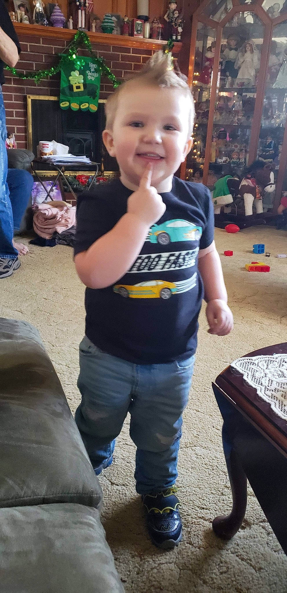 Luke is registered to the contest to win money with this photo: baby, baby_toddler_clothing, blue, child, event, fun, hairstyle, happy, joy, leg, leisure, person, photograph, shoe, sitting, sleeve, smile, snapshot, sneakers, standing