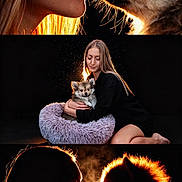 Loky a rejoint le concours — aidez-le/la à gagner de superbes lots ! woman, dog, puppy, close_up, silhouette, backlighting, hugging, pet_bed, furry, intimate, portrait, black_background, warm_light, profile, affection, animal, companion, love, cute, fluffy