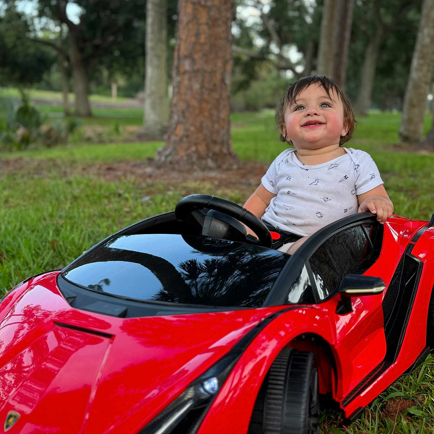Yazan joined the competition — help win amazing prizes! baby, casual_clothing, child, cute, daylight, fun, grass, greenery, happy, nature, outdoor, park, play, red_car, smiling, steering_wheel, toddler, toy_car, trees, vehicle