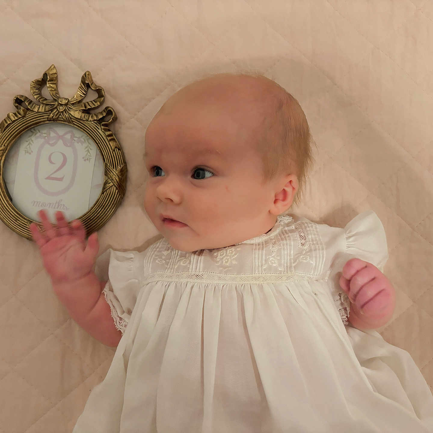 Parker is registered to the contest to win money with this photo: baby, bodypart, clothing, couch, dress, eveningdress, face, finger, formalwear, furniture, hand, hat, head, newborn, person, photography, portrait, sitting, toy, wood