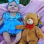 Dahlia joined the competition — help win amazing prizes! baby, toddler, blue_dress, headband, bow, smiling, teddy_bear, plush_toy, pink_blanket, outdoor, greenery, sunlight, cute, child, sitting, happy, soft_toy, portrait, nature, feet