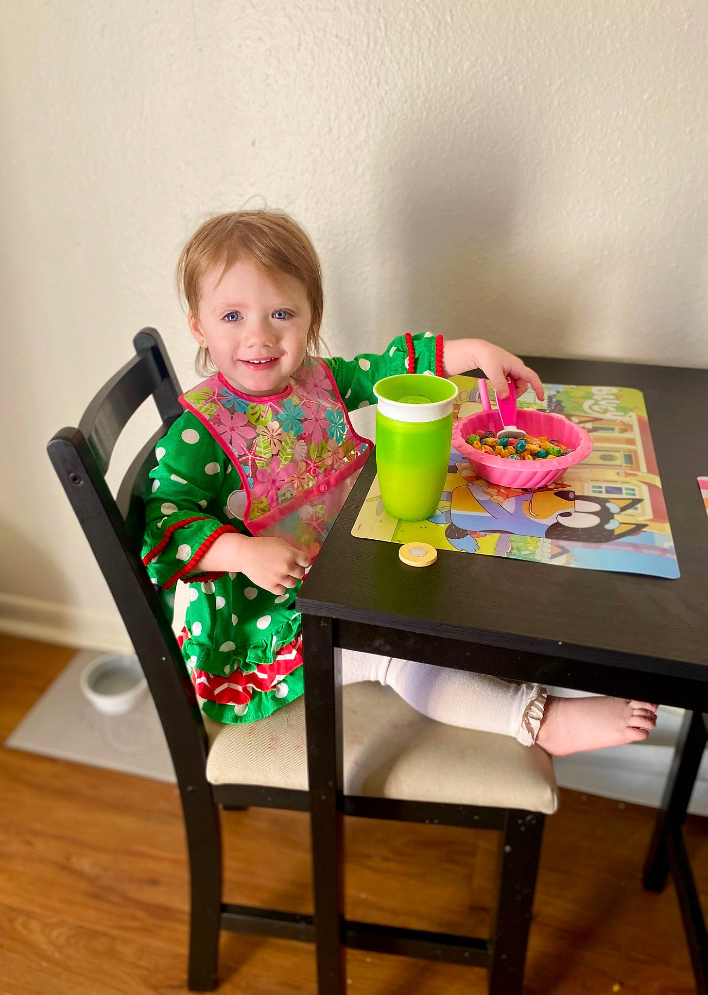 Olive joined the competition — help win amazing prizes! baby, baby_toddler_clothing, chair, child, comfort, drinkware, furniture, happy, joy, magenta, pattern, person, pink, product, purple, sleeve, smile, standing, t_shirt, table