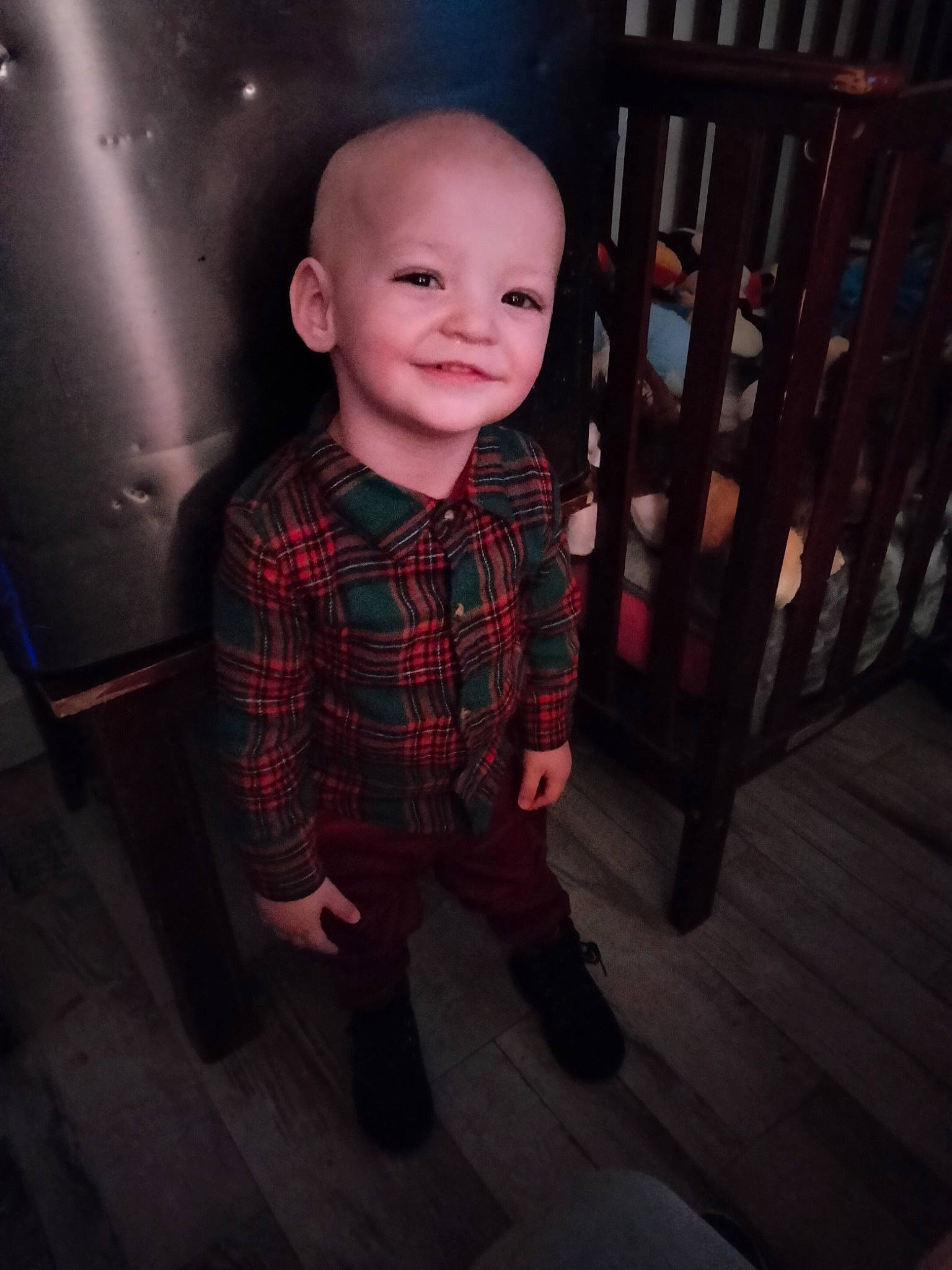 Antonio is registered to the contest to win money with this photo: baby, baby_toddler_clothing, collar, dress_shirt, flash_photography, flooring, formal_wear, happy, hardwood, joy, pattern, person, plaid, room, sitting, sleeve, smile, standing, tartan, tie