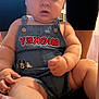 baby, child, denim, overalls, mickey_mouse, indoor, curious, chubby, sitting, person, clothing, cute, hands, legs, floor, patch, expression, infant, portrait, casual