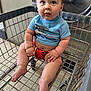 baby, child, laundry_cart, clothing, blue_shirt, red_shorts, face, hair, indoor, laundromat, washing_machine, metal, curious, seated, barefoot, cute, infant, expression, toddler, shopping_cart