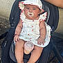 baby, child, pacifier, bottle, car_seat, white_dress, hat, hand, arm, outdoor, skin, foot, leg, clothing, infant, cute, sitting, person, baby_accessory, protective