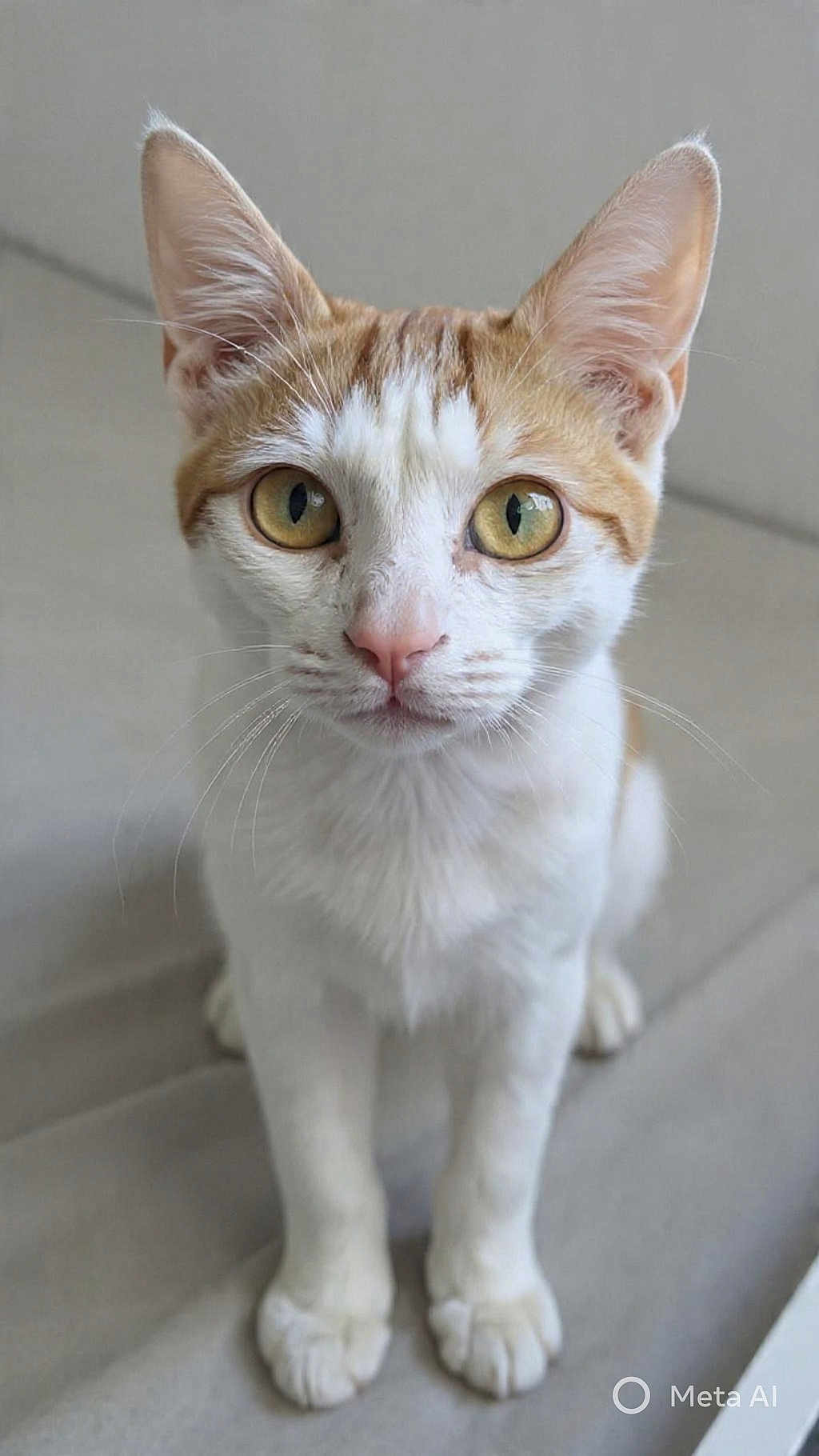 Ju-Nun a rejoint le concours — aidez-le/la à gagner de superbes lots ! cat, orange_and_white, pet, animal, whiskers, ears, golden_eyes, curious, sitting, indoor, feline, closeup, cute, fur, paws, portrait, looking_at_camera, domestic_cat, young_cat, soft_light