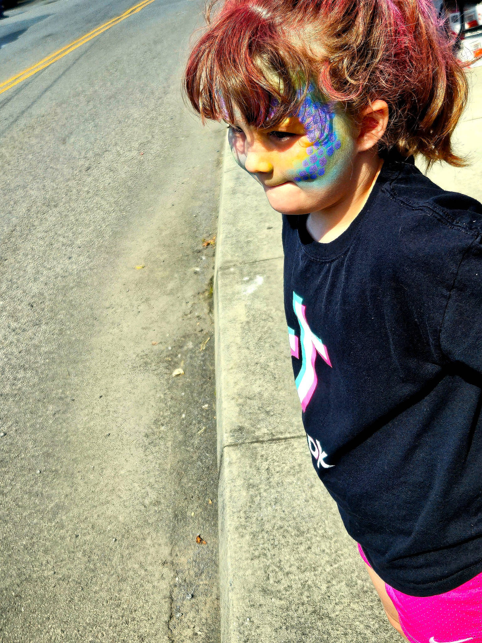 Cora joined the competition — help win amazing prizes! asphalt, bangs, blond, child, costume, electric_blue, eyewear, fun, hair, happy, head, magenta, person, red_hair, road, road_surface, sportswear, street, t_shirt, toddler