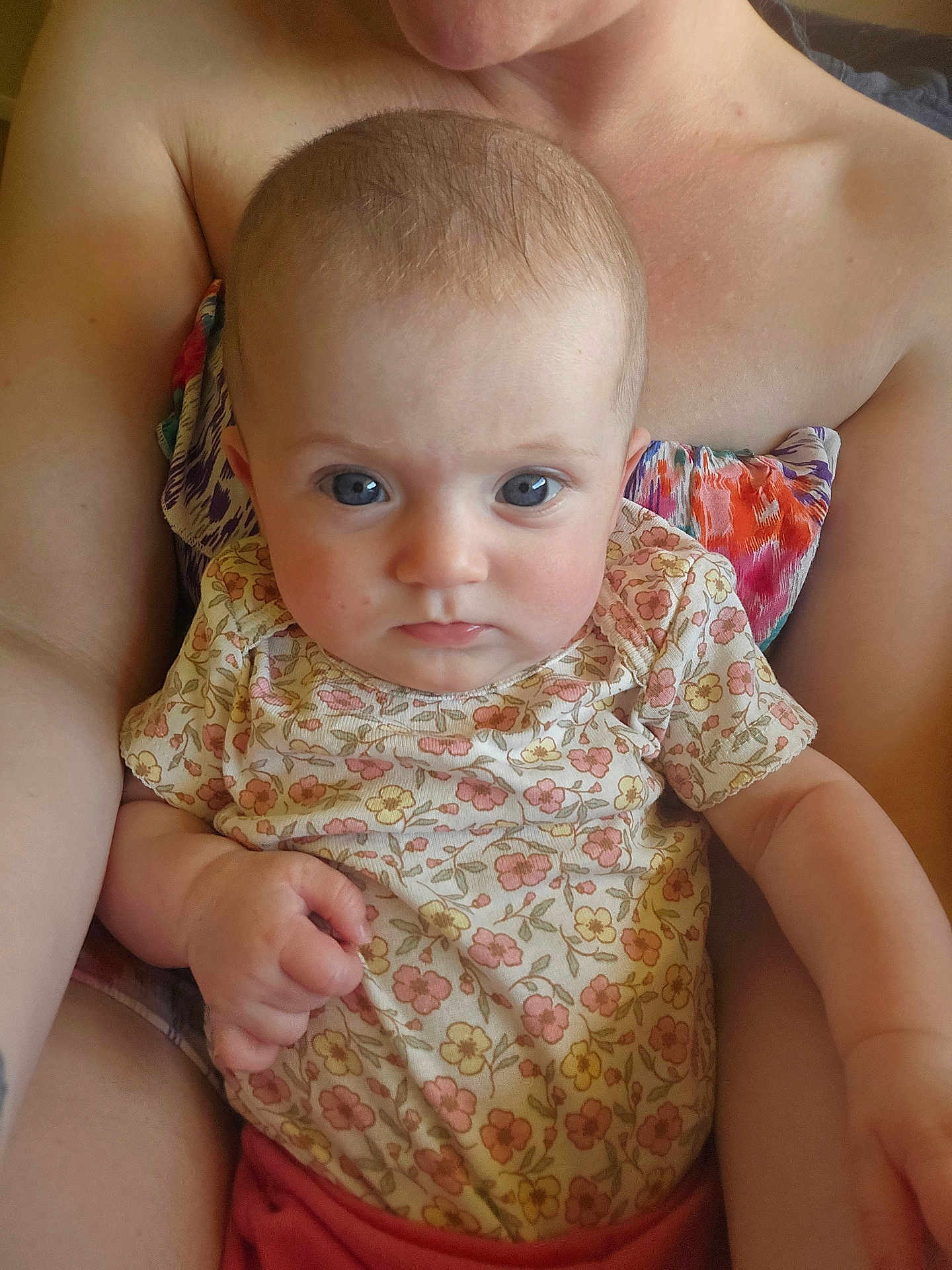 Aria joined the competition — help win amazing prizes! baby, child, person, face, blue_eyes, floral_shirt, hand, arm, skin, sitting, close_up, indoor, holding, cute, infant, expression, human, portrait, young, parent