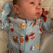 Romeo joined the competition — help win amazing prizes! baby, infant, onesie, pacifier, bed, sleepwear, cute, portrait, child, soft, fabric, blue, pattern, cartoon, food, laying, young, face, expression, clothing