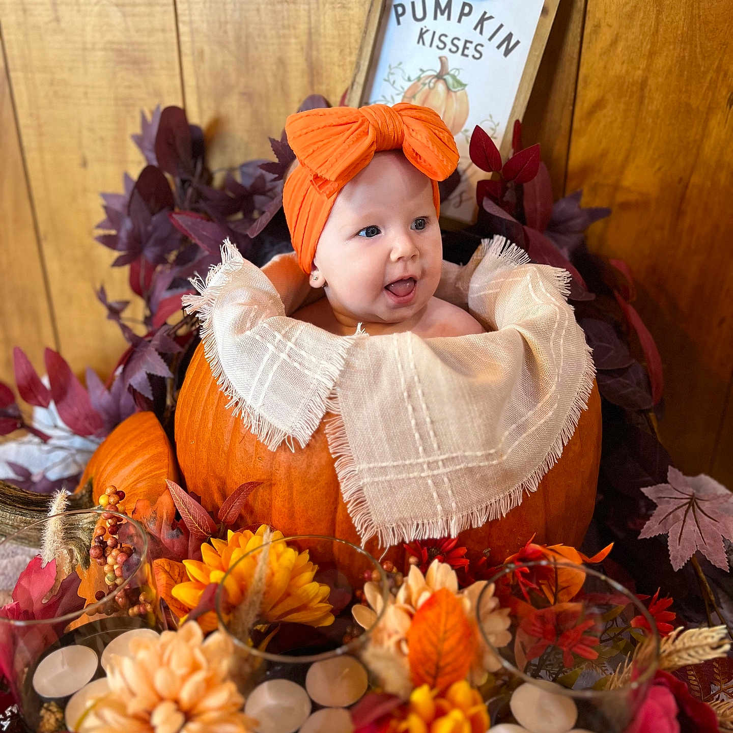 Maycel joined the competition — help win amazing prizes! autumn, baby, candle, cute, decor, fall, festive, flower, headband, holiday, indoor, infant, leaf, orange, portrait, pumpkin, smiling, table, thanksgiving, wooden_background