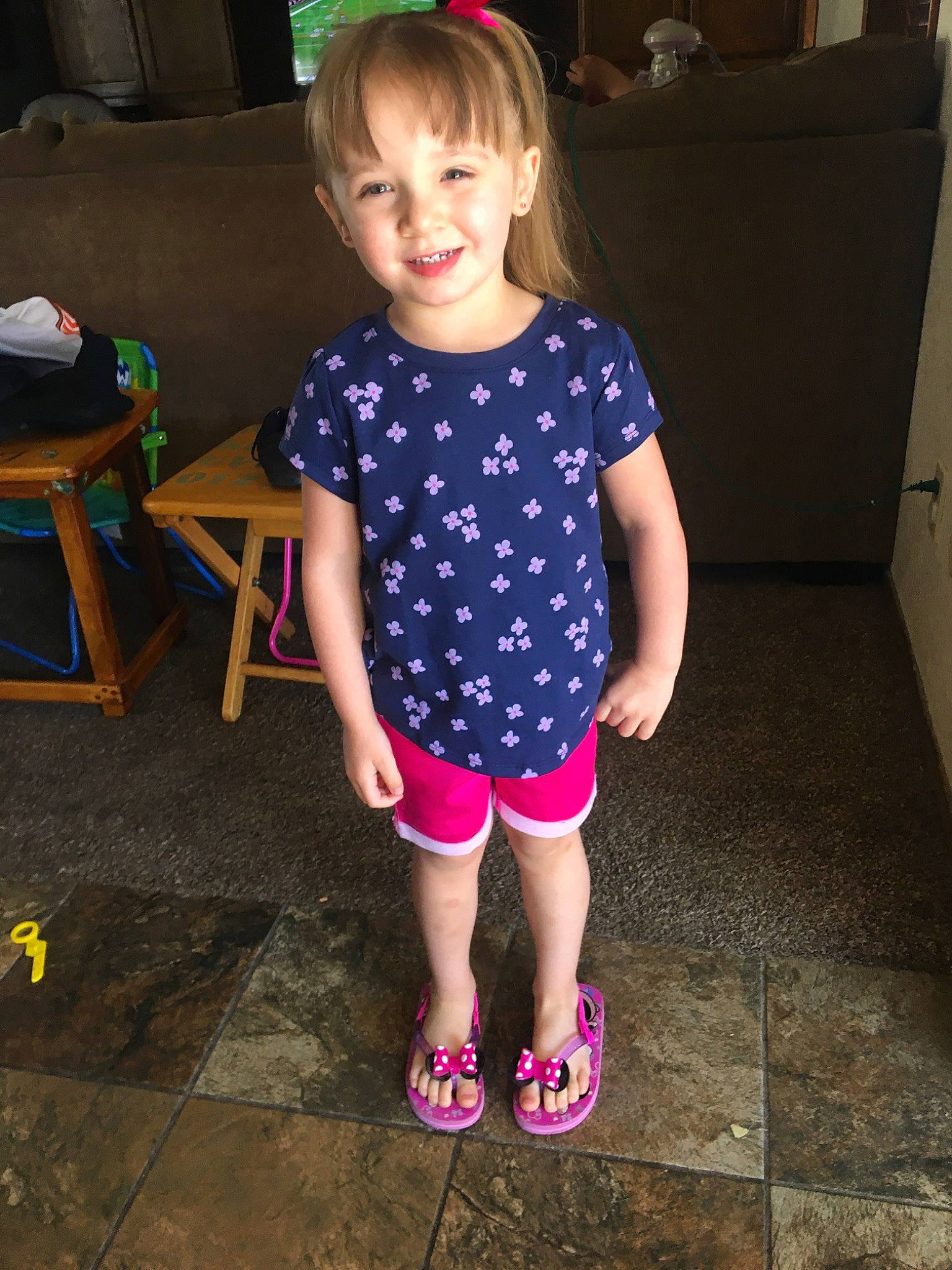 Rosalyn is registered to the contest to win money with this photo: baby_toddler_clothing, child, design, footwear, joy, leg, pattern, person, pink, play, polka_dot, shoe, skin, smile, t_shirt, toddler