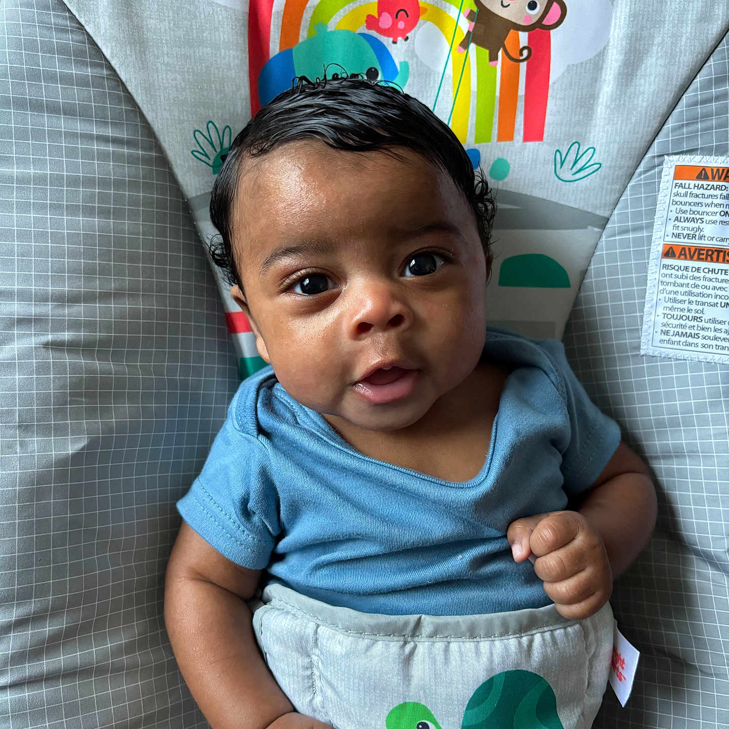 Nahmir is registered to the contest to win money with this photo: baby, baby_seat, bird, blue_shirt, child, colorful, comfort, curly_hair, cute, face, hands, indoor, infant, monkey, pattern, portrait, rainbow, smiling, sun, turtle