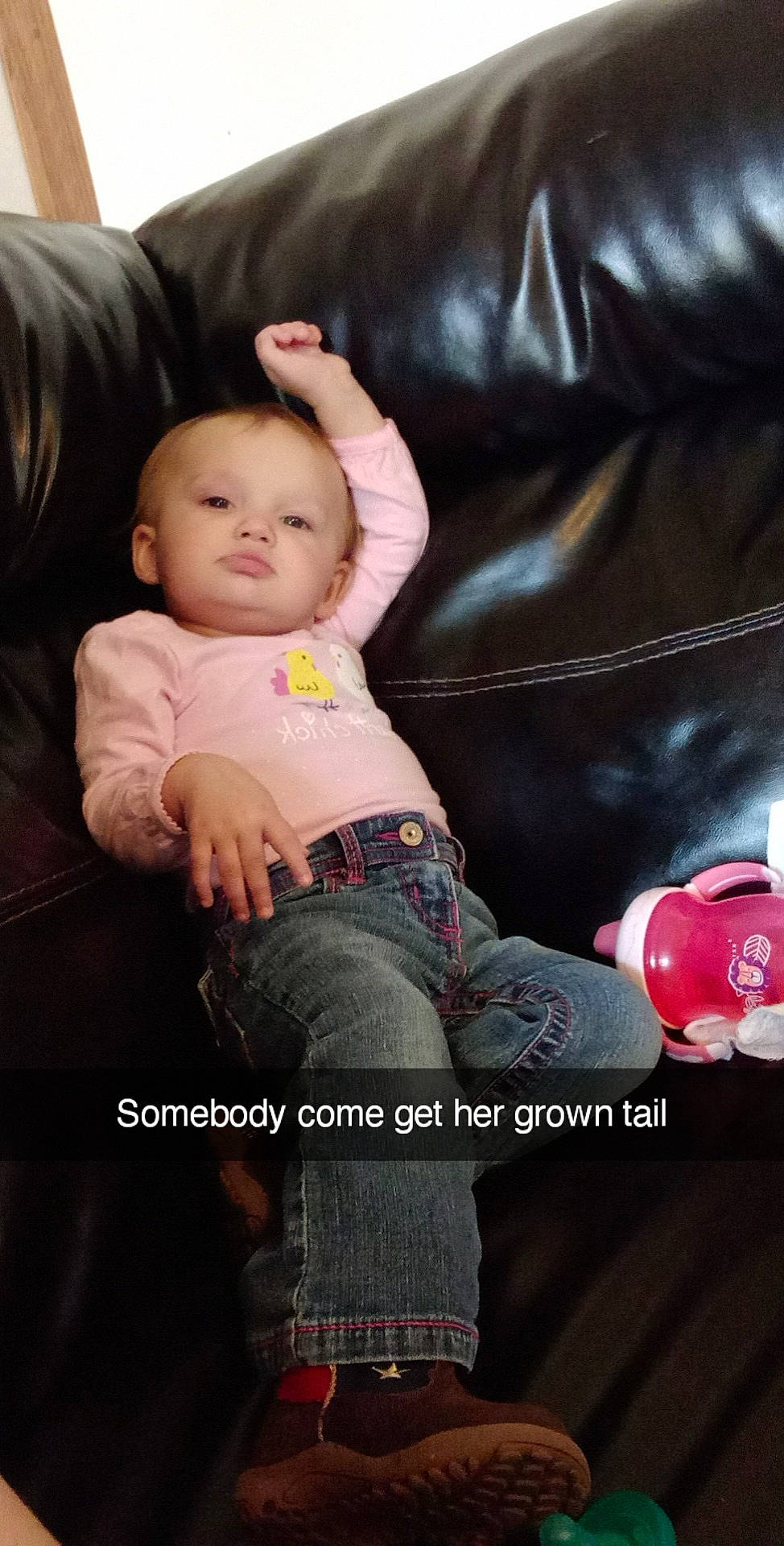 Madalynn is registered to the contest to win money with this photo: baby, baby_toddler_clothing, child, comfort, couch, flash_photography, happy, human_leg, jeans, knee, lap, leg, mouth, person, product, skin, sneakers, textile, thigh, toddler