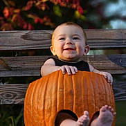 Walker is registered to the contest to win money with this photo: baby, pumpkin, bench, autumn, fall, carved_pumpkin, child, smiling, outdoor, feet, cute, holiday, seasonal, nature, wood, person, celebration, fun, holiday_costume, orange
