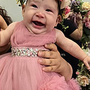 Leonora is registered to the contest to win money with this photo: baby, child, pink_dress, flower_crown, smiling, happy, portrait, indoor, celebration, person, holding, flowers, cute, tulle, hands, face, headwear, dress, festive, joy