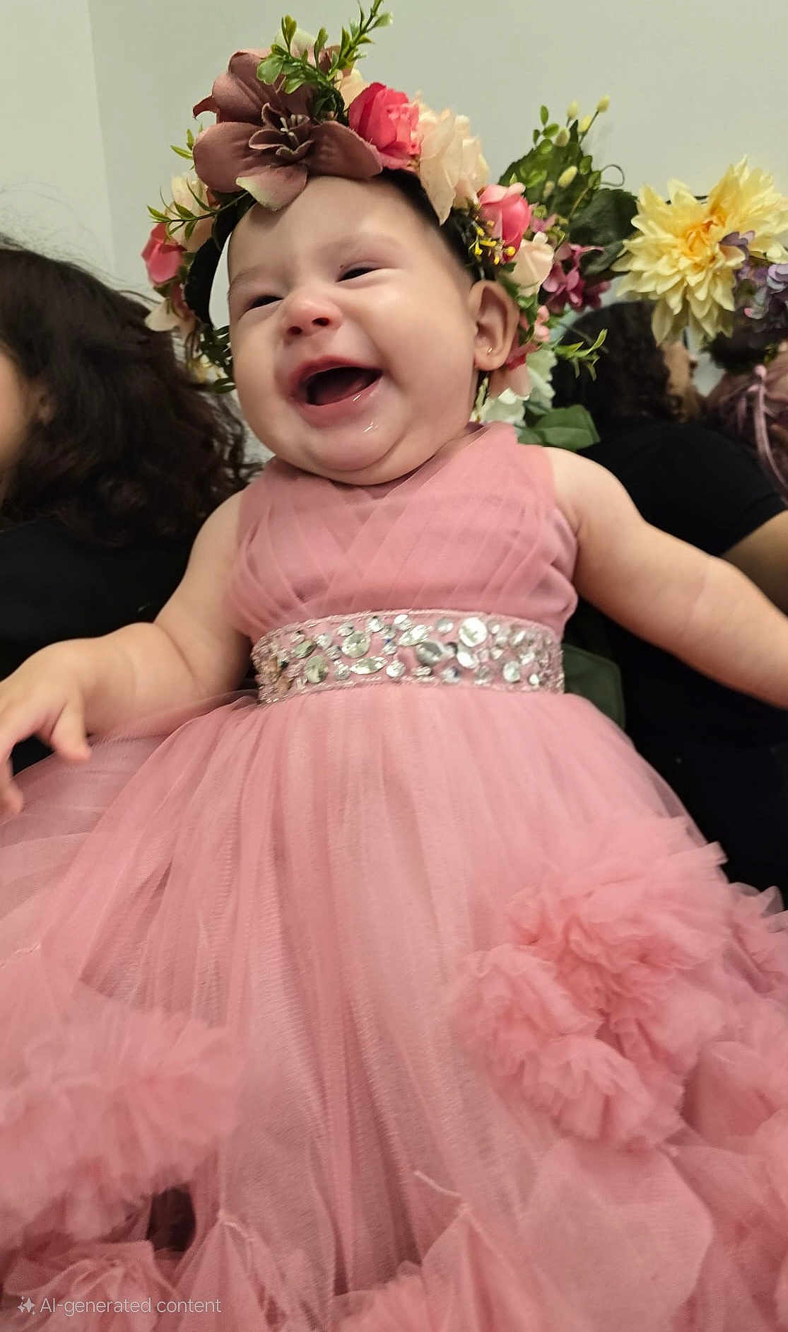 Leonora joined the competition — help win amazing prizes! baby, child, pink_dress, flower_crown, laughing, happy, cute, infant, portrait, celebration, tulle, sparkle_belt, indoor, person, smile, dress, headwear, joy, toddler, fashion