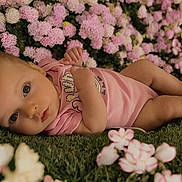 Amiyah is registered to the contest to win money with this photo: baby, infant, pink_onesie, flower_wall, green_carpet, blue_eyes, portrait, close_up, cute, soft_lighting, nature, flora, laying_down, child, skin, small_hands, peaceful, background_blur, indoors, adorable