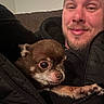 Bodhi is registered to the contest to win money with this photo: man, dog, pet, smile, face, jacket, indoor, closeup, cozy, brown_dog, beard, casual, happy, small_dog, human, zipper, couch, leisure, friendship, companion